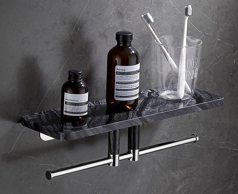 Marble Paper Towel Holder, Towel Rail, Wall Mounted Toilet Paper Holder, Shelf, black-40 Long Shelf with bar