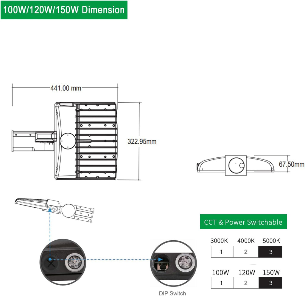 100W 120W 150W Power Switchable LED Parking Lot Light 3000K 4000K 5000K CCT Selectable Outdoor Commercial Street Area Lighting Fixtures Type 3 Bronze 100-277V (FM Bracket for Wall Mount)