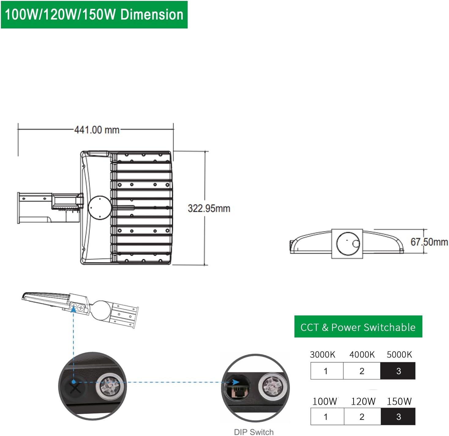100W 120W 150W Power Switchable LED Parking Lot Light 3000K 4000K 5000K CCT Selectable Outdoor Commercial Street Area Lighting Fixtures Type 3 Bronze 100-277V (FM Bracket for Wall Mount)