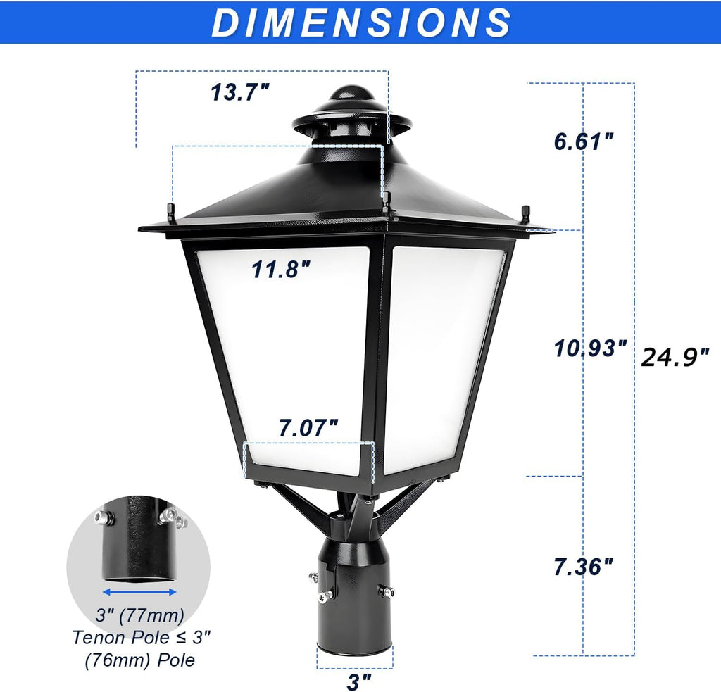 LED Post Top Light 60W/50W/30W Power Tunable, 3CCT 3000K/4000K/5000K Outdoor Post Pole Lights, IP65 Waterproof LED Parking Lot Light for Garden Yard Street Lighting, AC100-277V UL Listed