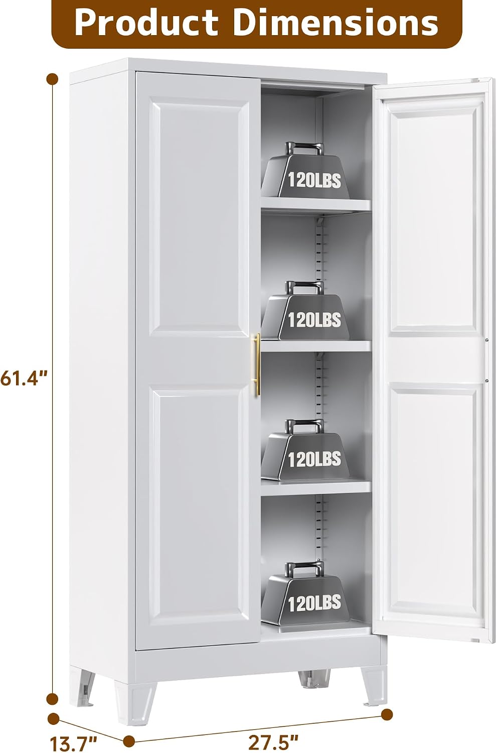 61.4' H Metal Pantry Cabinet with 3 Adjustable Shelves, Kitchen Pantry Cabinet with 2 Doors, Freestanding Food Cabinet for Kitchen, Home, Assembly Required, White