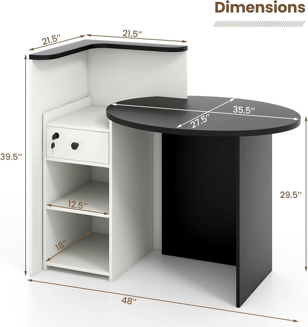 Giantex Reception Desk, Front Counter Desk with Lockable Drawer, Checkout Table with Round Tabletop, Corner Shelf & Adjustable Shelf for Office Beauty Salon Retail Store (White & Black)