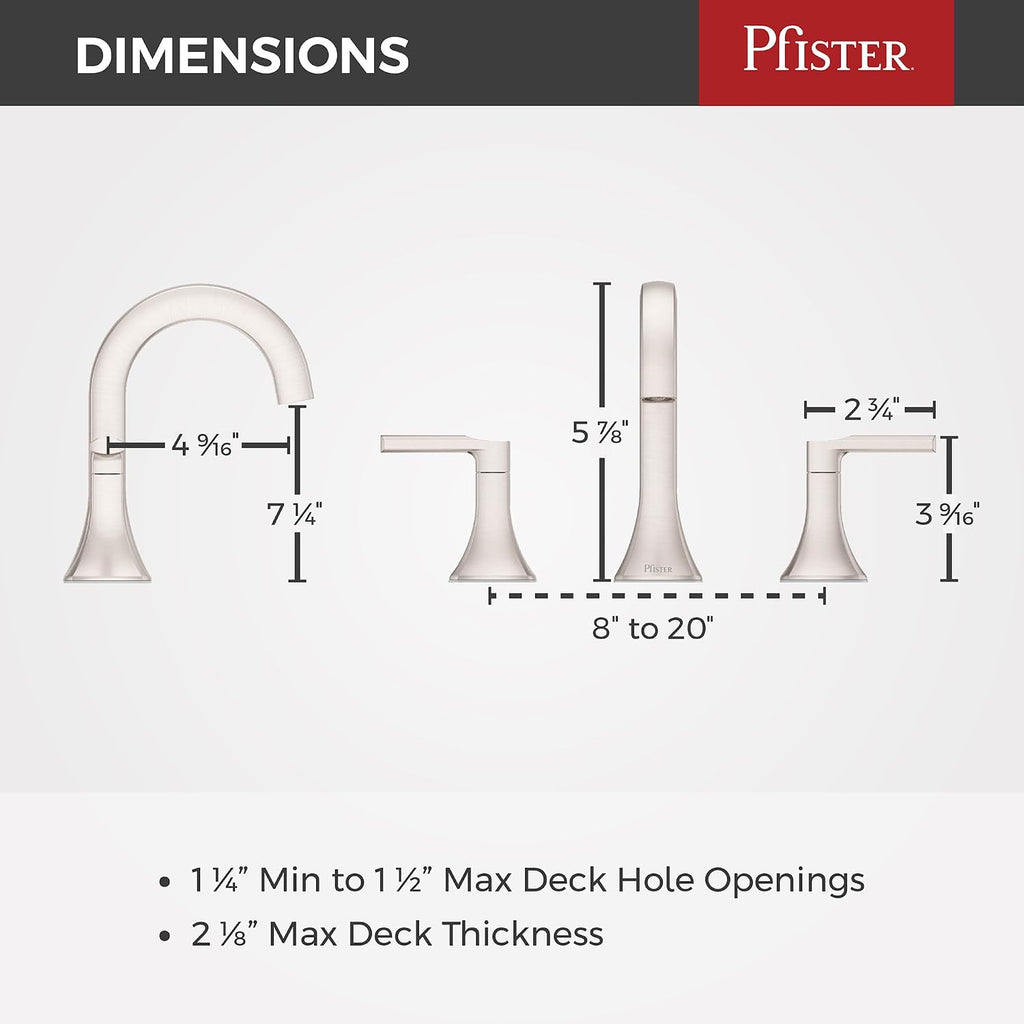 Pfister Vaneri 2-Handle Widespread Bathroom Sink Faucet 3-Hole NSF Certified Spot Defense Brushed Nickel Finish with Push & Seal Drain TiteSeal Technology LF049VRIGS
