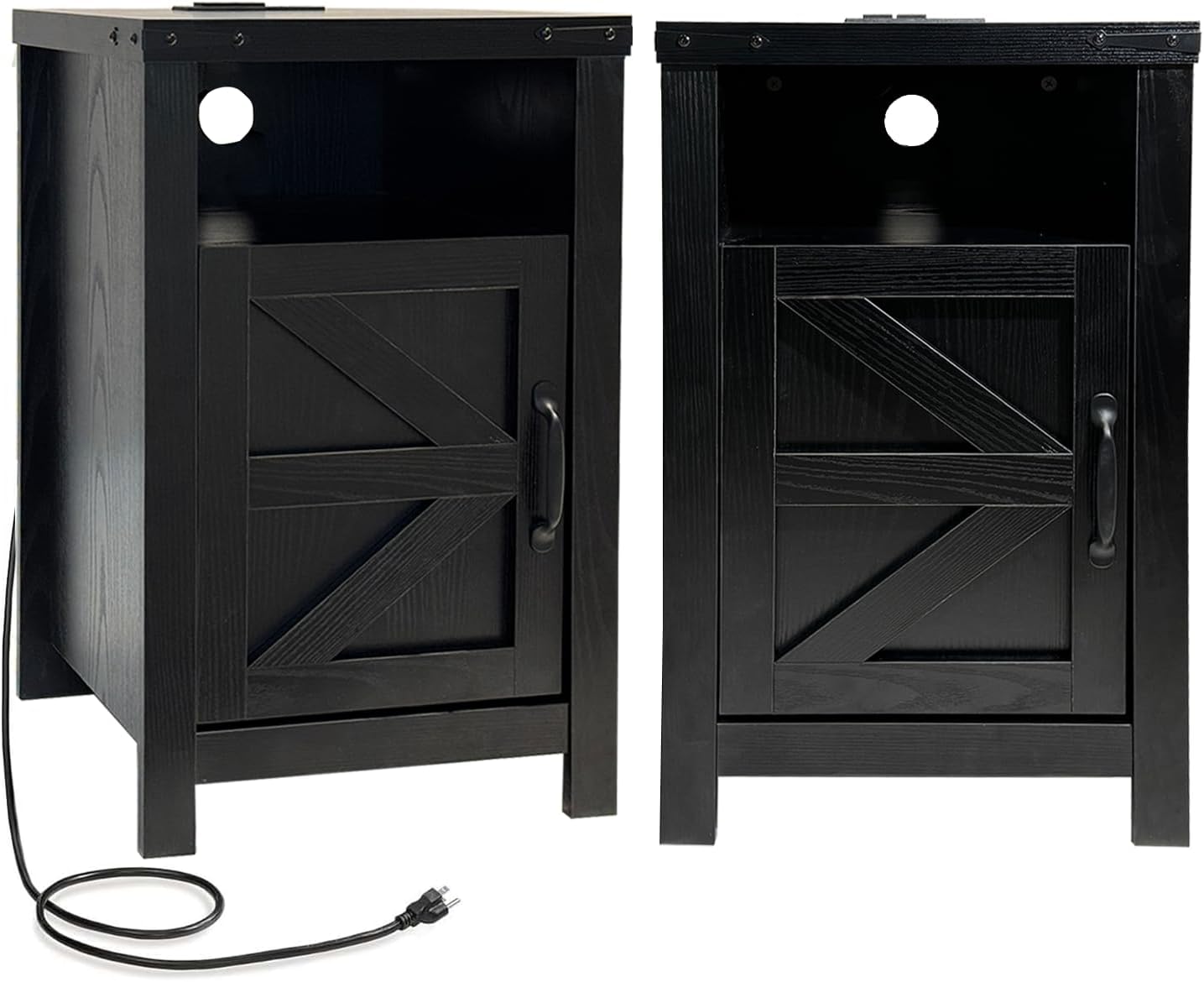 Farmhouse Nightstand Set of 2, Bedside Table with Charging Station, Night Stand with Barn Door, Black End Table Sofa Side, Nightstand Storage for Bedroom Living Room, Black