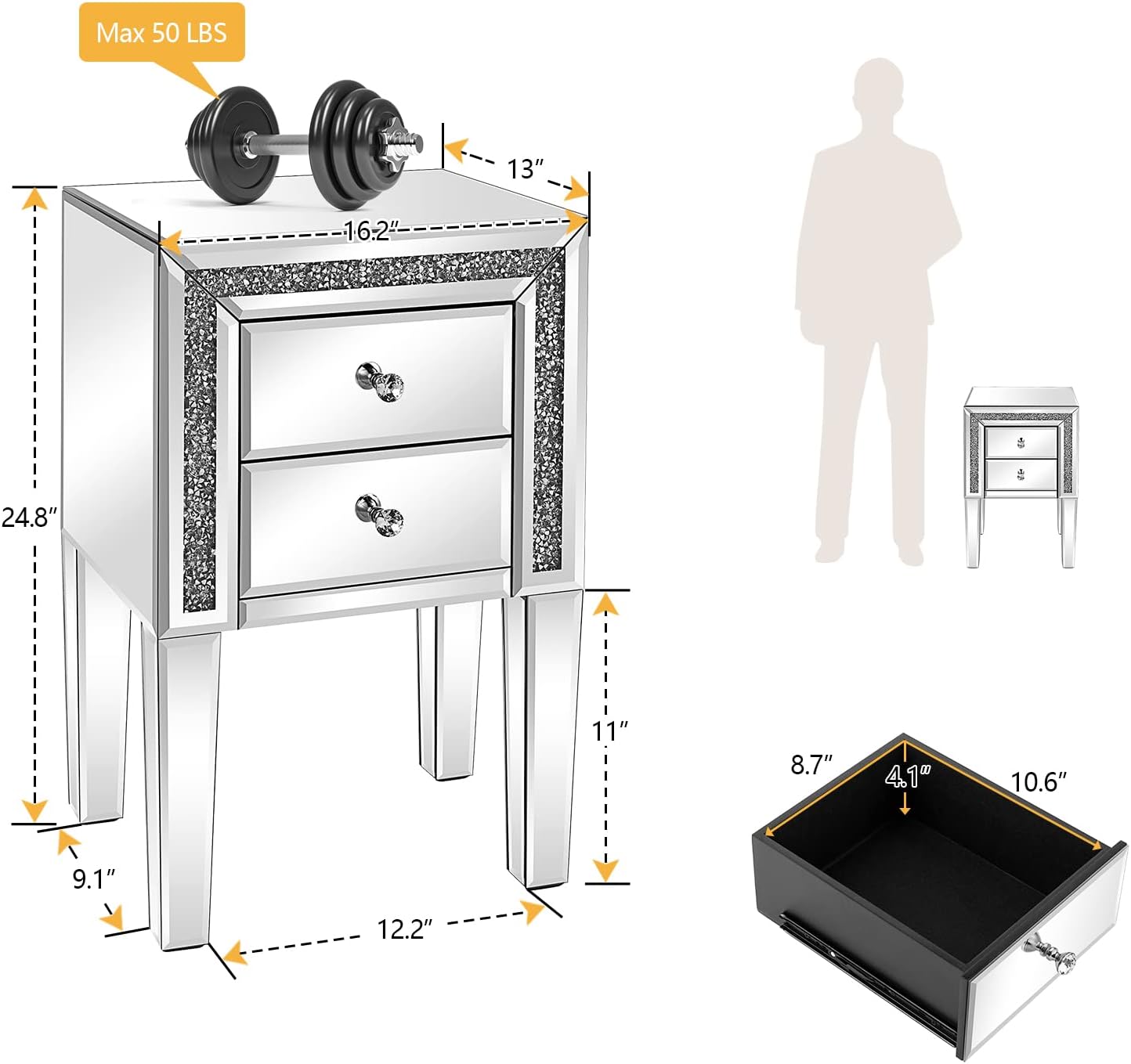 VINGLI Mirrored Nightstand Set of 2 Silver Glass Sofa/Couch Side Tables Bedroom End Tables with Storage, 24.8 inch Tall