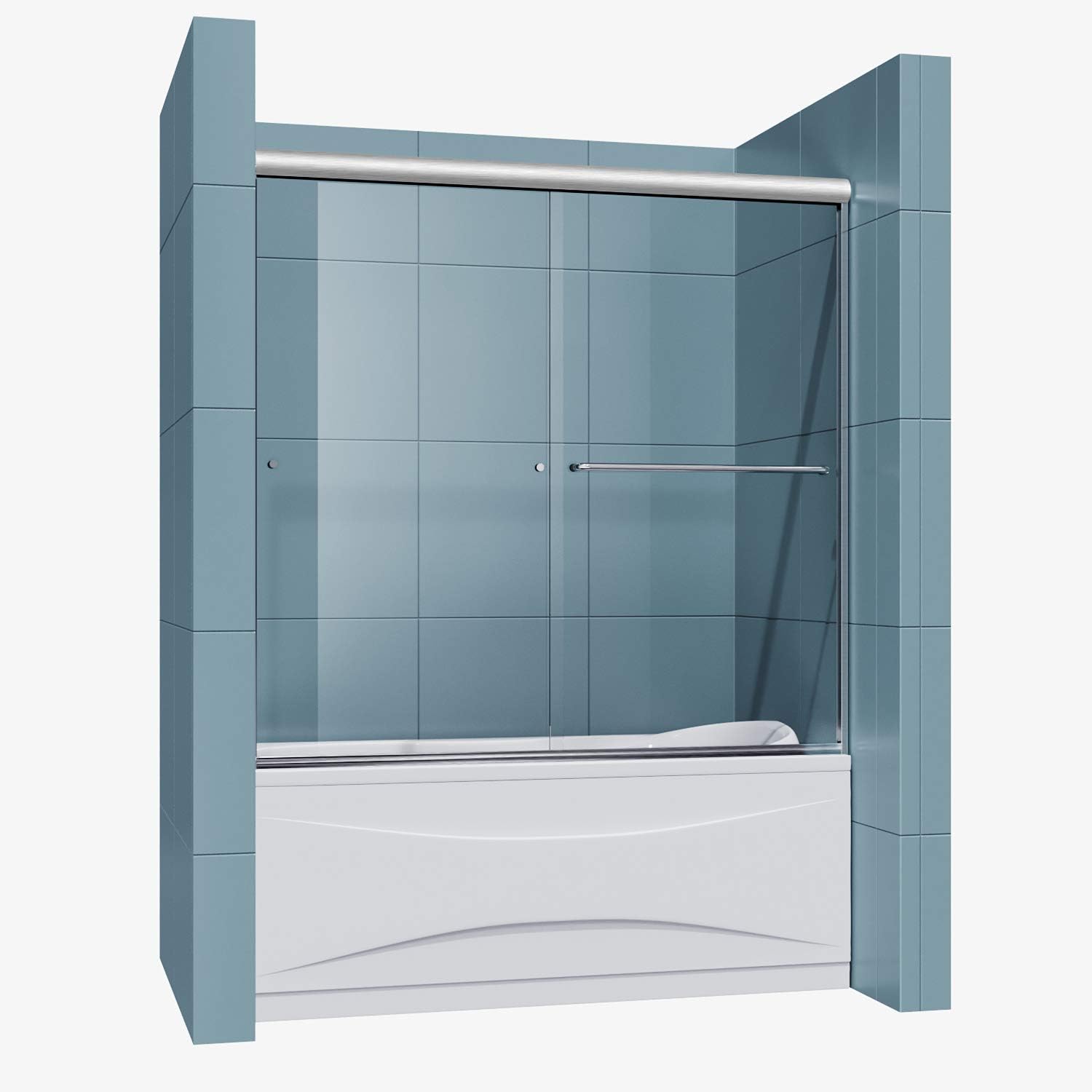 SUNNY SHOWER Bathtub Door 60' W x 57.4' H Bathtub Glass Sliding Shower Tub Door 1/4' Clear Glass, Brushed Nickel Finish