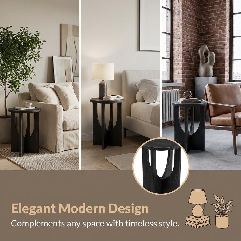 Stupa Solid Wood End Table – 22' Tall Round Side Table for Living Room or Bedroom, Handcrafted Accent Table in Distressed Black Finish, Easy Assembly, Modern Minimalist Design for Small Spaces