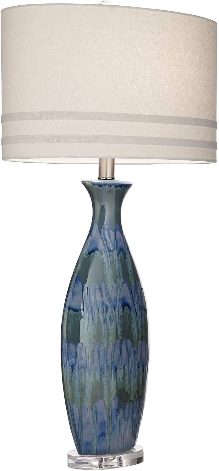 Possini Euro Design Annette 38' Tall Large Modern Coastal End Table Lamps Set of 2 Blue Drip Finish Ceramic Off-White Shade Living Room Bedroom Bedside Nightstand House Office Home (Colors May Vary)
