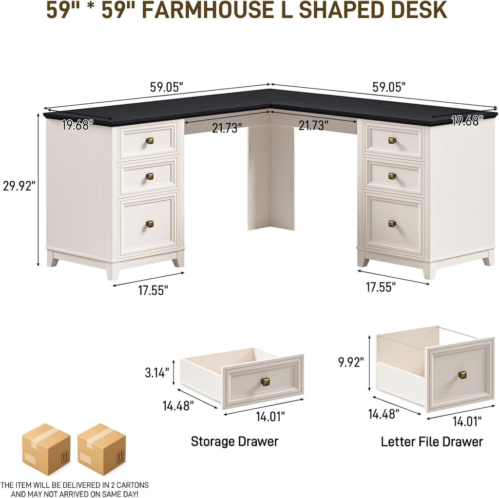 Vabches Farmhouse L Shaped Executive Desk with 6 Drawers, 59'' Wood Home Office Desk with File Cabinet, Writing Corner Computer Desk for Home Office, Work, Study, White and Black