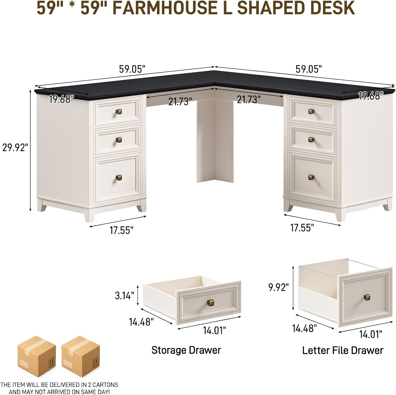 Vabches Farmhouse L Shaped Executive Desk with 6 Drawers, 59'' Wood Home Office Desk with File Cabinet, Writing Corner Computer Desk for Home Office, Work, Study, White and Black