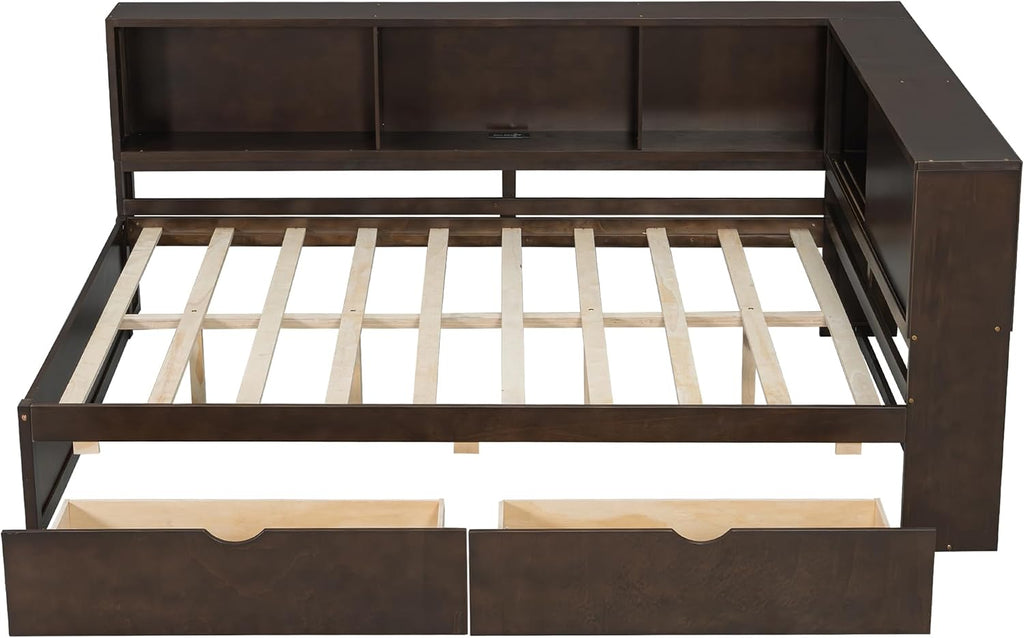 VilroCaz Queen Size Daybed with L-Shaped Headboard &Bookcases, Solid Wood Daybed Sofa Bed Frame with 2 Storage Drawers, USB, LED for Office Living Room Bedroom (Brown-2.18)