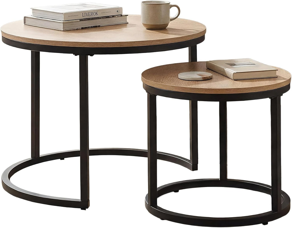 CENSI 24' Round Nesting Coffee Table, Accent Table, Natural Oak, Light Wooden Finish, Space-Saving, Modern Industrial Style