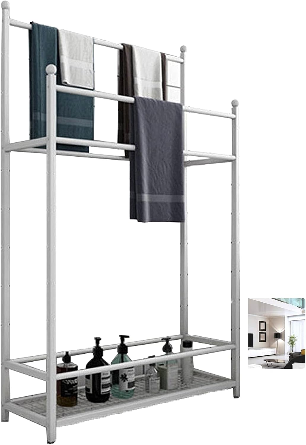 Exquisite Bathroom Shelves Beach Towel Drying Rack Freestanding Outdoor Towel Holder Stand with Bottom Storage Shelf and 4 Bars, Metal Towel Ladder Rack for Bathroom, Kitchen, Washroom