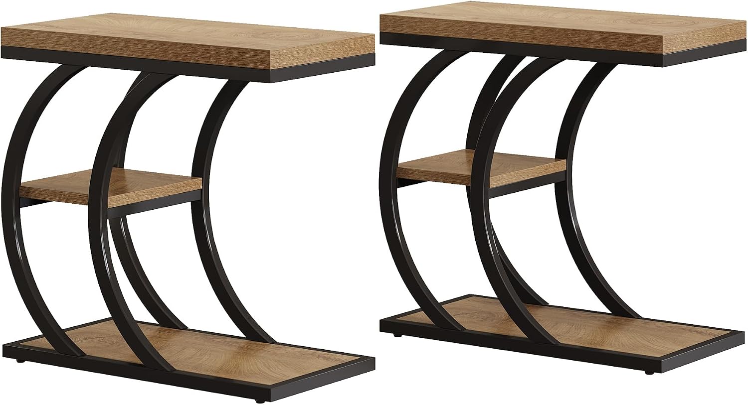 Tribesigns End Table Set of 2, 3-Tier Narrow Wood Couch C-Shaped Side Table with Storage, Industrial Nightstand for Bedroom, Small Spaces, Natural
