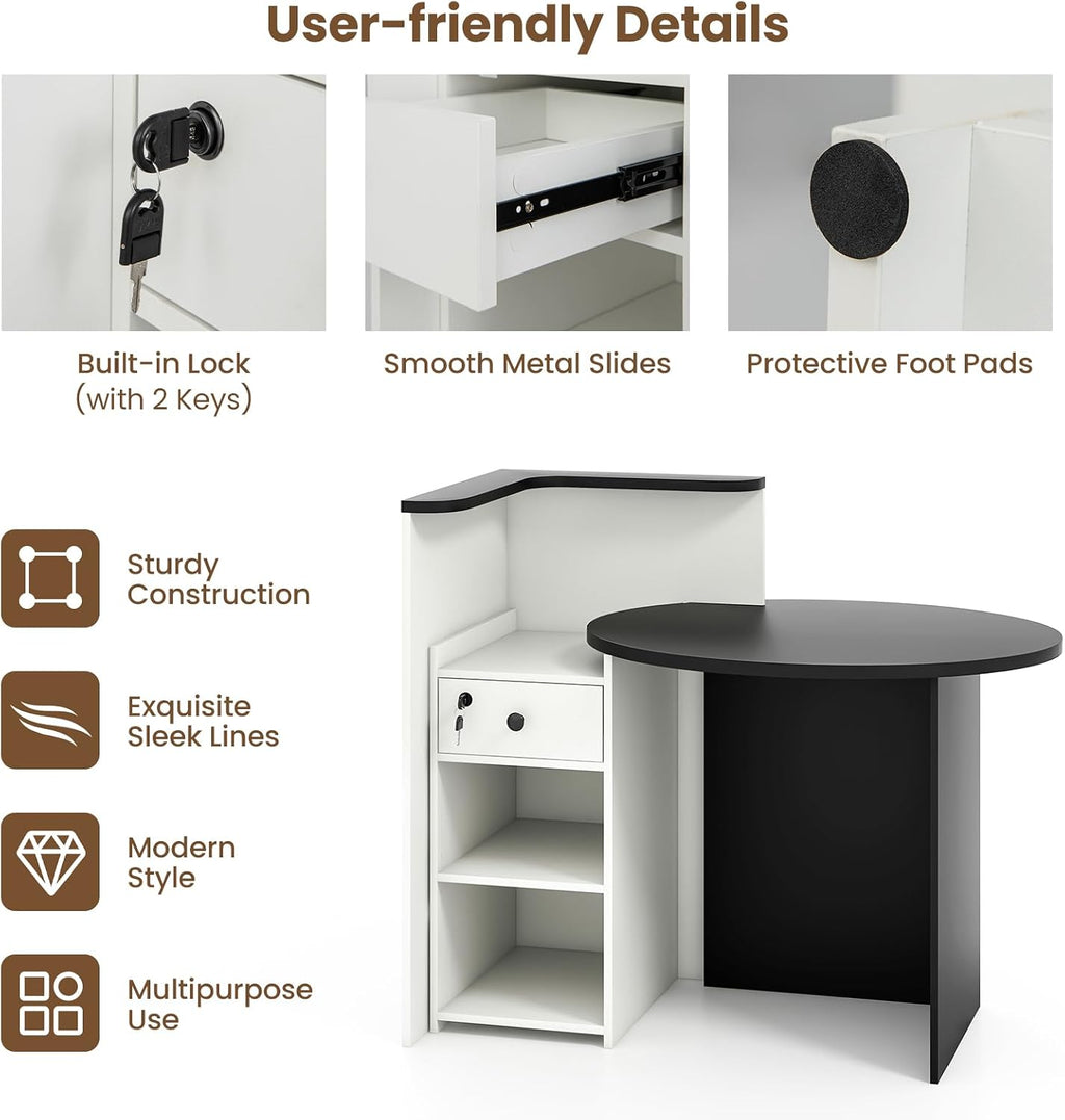 Giantex Reception Desk, Front Counter Desk with Lockable Drawer, Checkout Table with Round Tabletop, Corner Shelf & Adjustable Shelf for Office Beauty Salon Retail Store (White & Black)