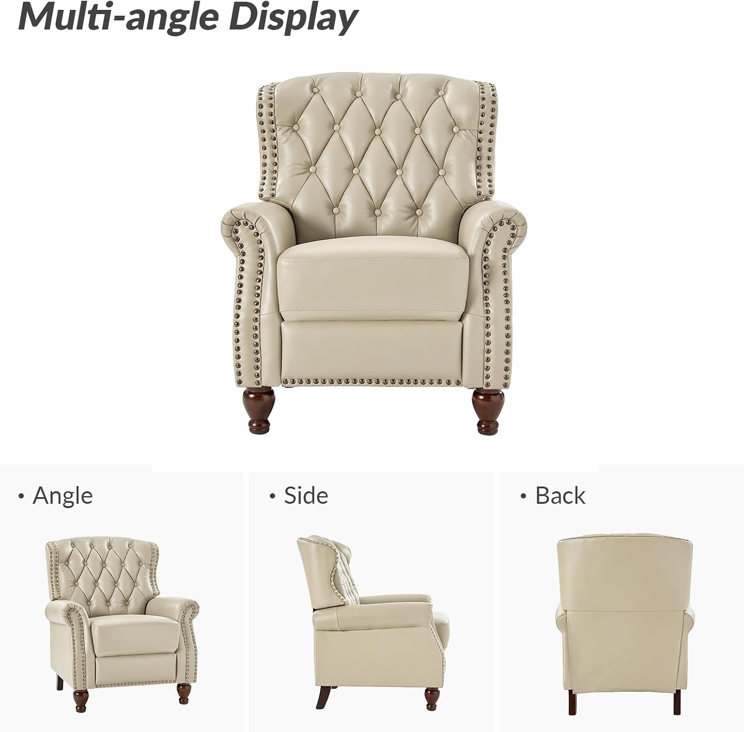 HULALA HOME Genuine Leather Recliner Chair Set of 2 w/Solid Wood Feet, Modern Adjustable Tufted Push Back Arm Chair w/Rivet Decoration, Home Theater Seating Reclining Sofa for Living Room, Beige