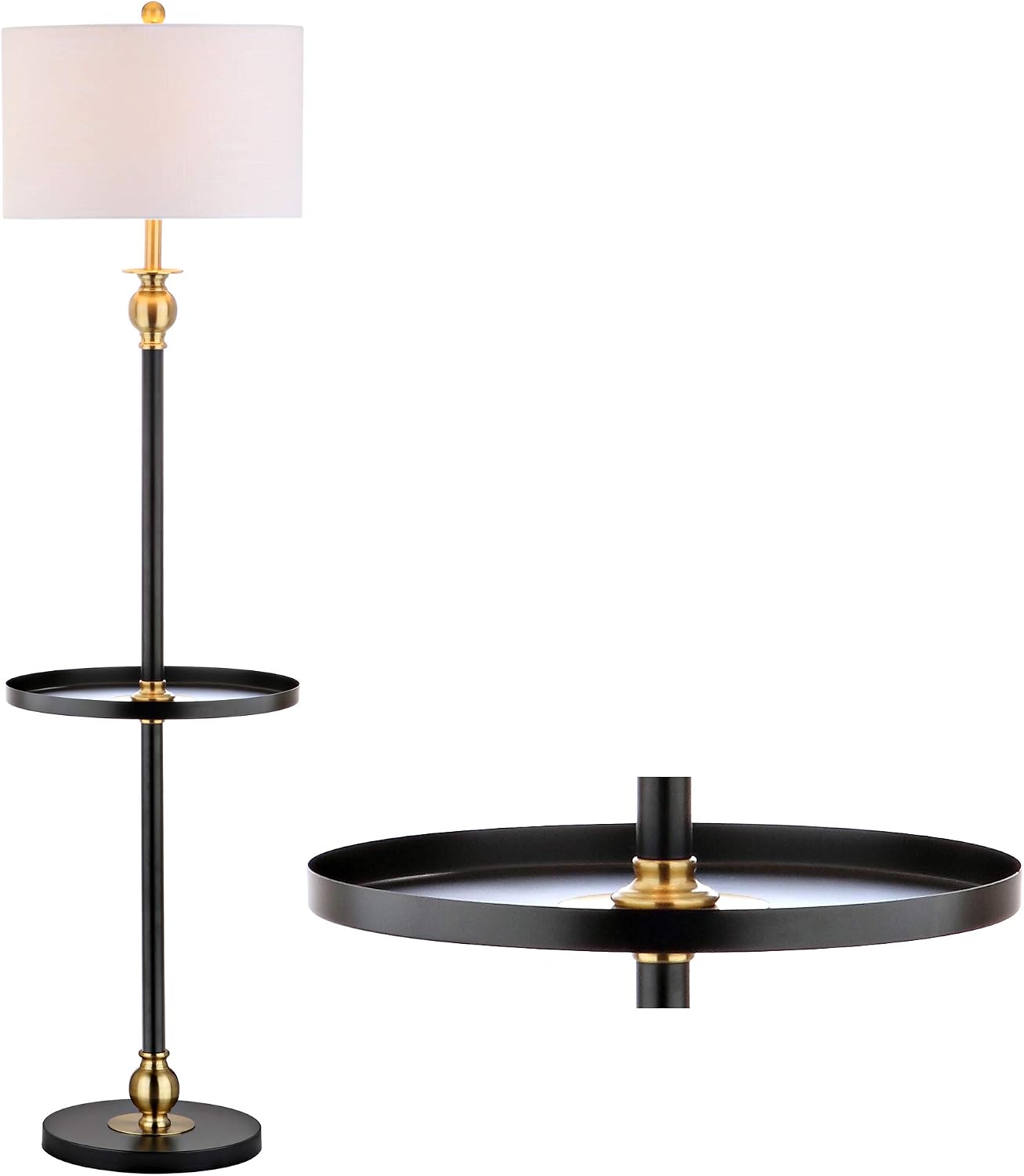 JONATHAN Y 61' Black/Brass Gold Metal LED End Table Floor Lamp, Modern Contemporary Iron Standing Lamp with White Linen Drum Shade for Living Room, LED Bulb Included JYL3002A