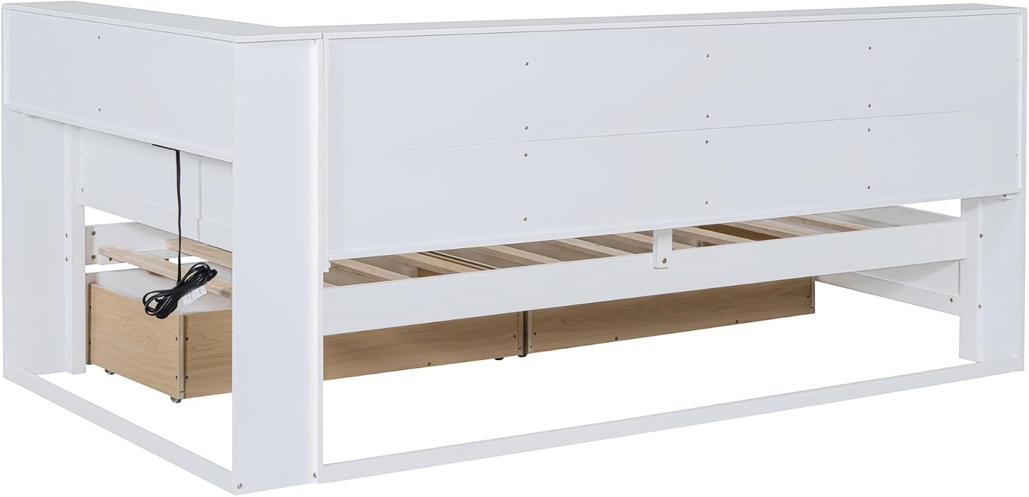Harper & Bright Designs Twin Size Daybed with 2 Storage Drawers, Wooden Corner Bed Frame with Storage Shelf and USB Charging Ports for Kids Teens, White