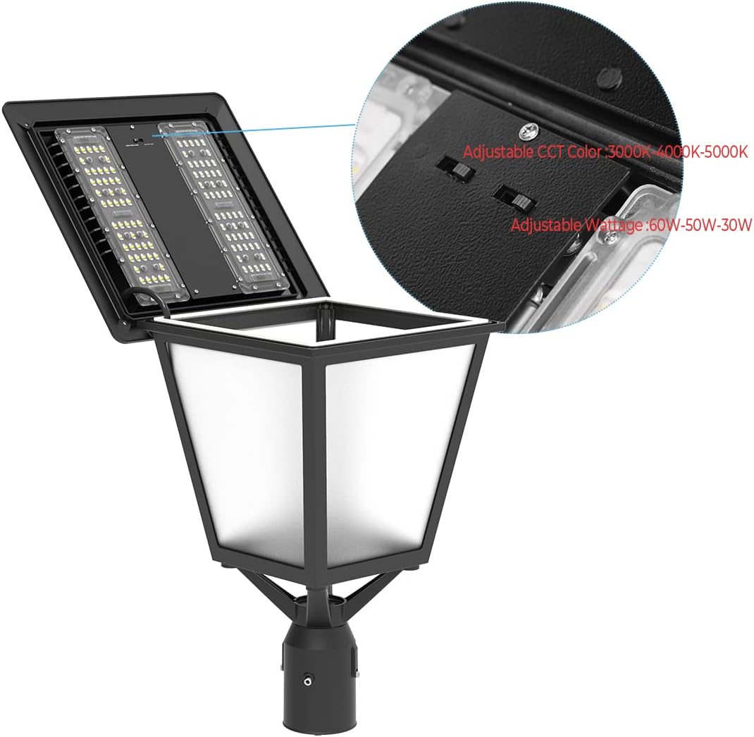 60W-50W-30W (Tunable) LED Post Top Light with Photocell - 3000K/4000K/5000K LED Pathway Pole Lights - 7800LM Outdoor Garden Lighting Fixture Dusk to Dawn Parking Lot Area Light