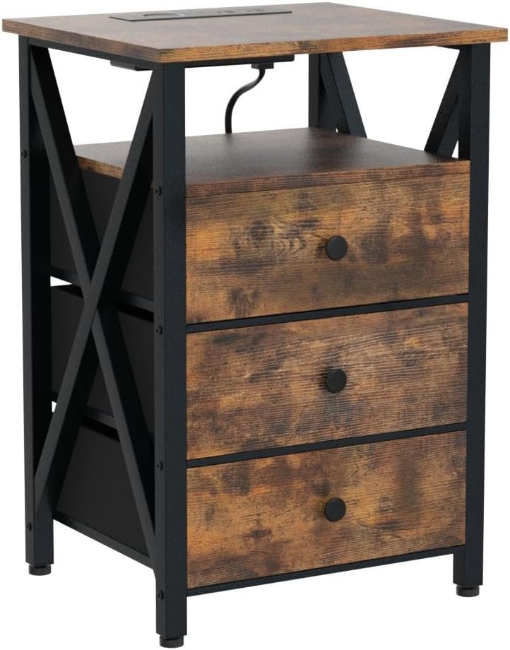 AMHANCIBLE Night Stand Set 2, LED Nightstand with Charging Station, End Side Tables with USB Port & Outlet, Bedside Tables with 3 Fabric Drawers for Bedroom, Rustic Brown HET053LBR
