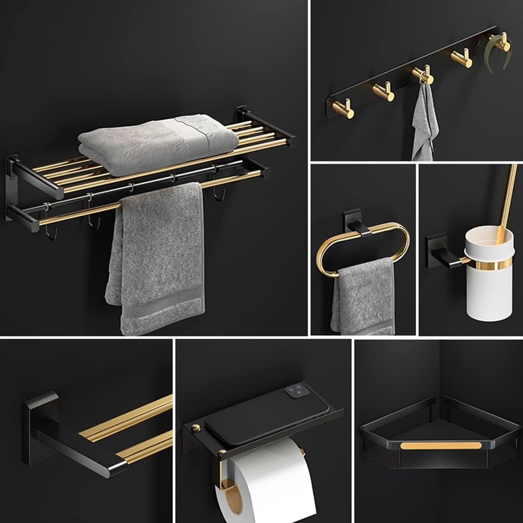 LSLYTQ Black Gold Folding Towel Bar, Triangular Basket, Storage Rack, Towel Ring, Wall Mounted Bathroom Accessories Kit