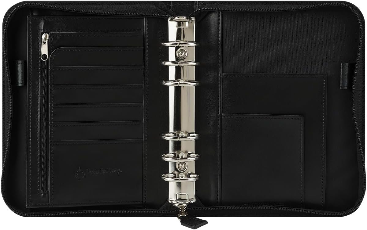 FranklinCovey - FC Signature Ring-Bound Binder for FranklinCovey Planners | Leather - Zipper Binder (Compact, Black)