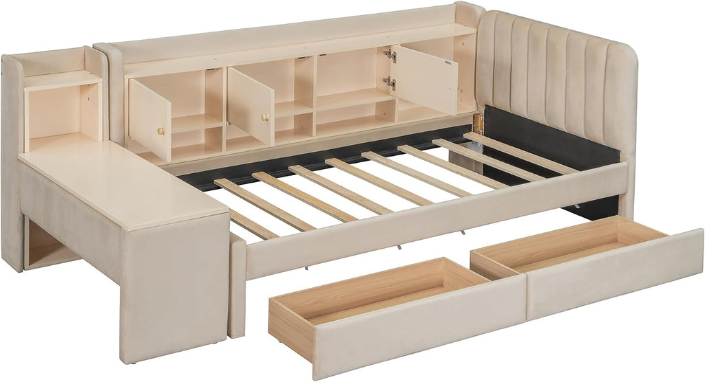 Bellemave Twin Corner Bed with Storage Shelves and Desk, Upholstered Daybed with Bookcase and Drawers，Daybed with Storage, Beige