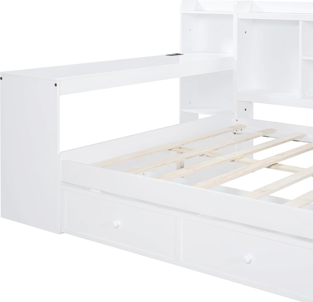 SOFTSEA Full Size Daybed with Storage Drawers & Bokcase, Wood Daybed with Desk, Bookcase & USB Ports for Kids Teens Adults, L Shaped Bed Frame with Convertible Headboard for Bedroom Living Room, White