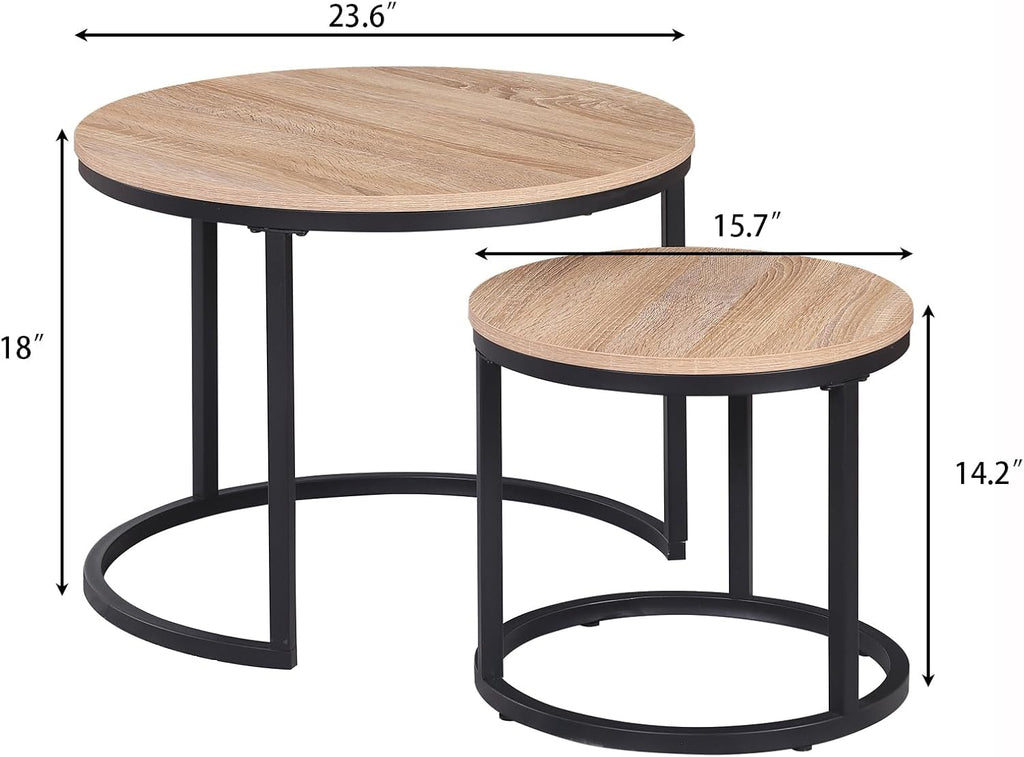 CENSI 24' Round Nesting Coffee Table, Accent Table, Natural Oak, Light Wooden Finish, Space-Saving, Modern Industrial Style