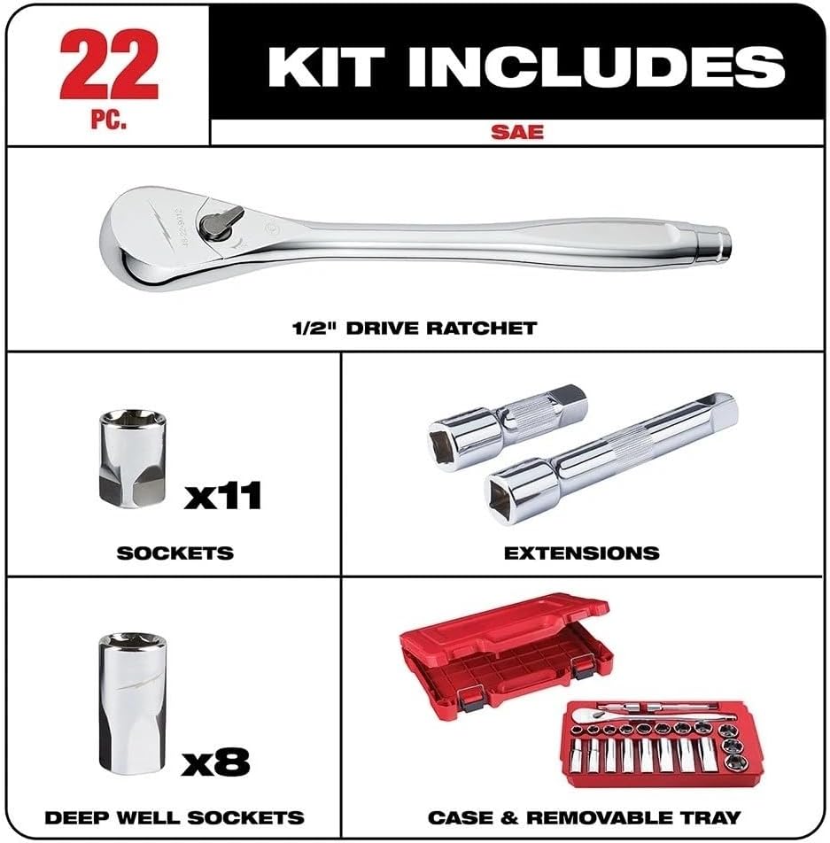 22 PC 48-22-9410 for Milwaukee 1/2' in Socket Wrench Set w/Carrying Case | Length 14 in Height 10.25 in Width 2.25 in Weight 9.9 lbs
