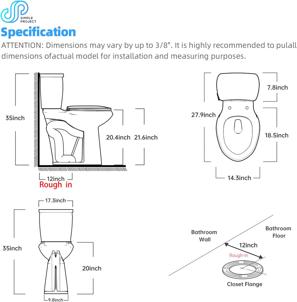 Simple Project High Toilets For Seniors 21 Inch | Extra Tall Toilets For Bathrooms Comfort Height With Soft-close Seat & Single Flush, 12' Rough In Two Piece Tall Toilets For Elderly, Disabled