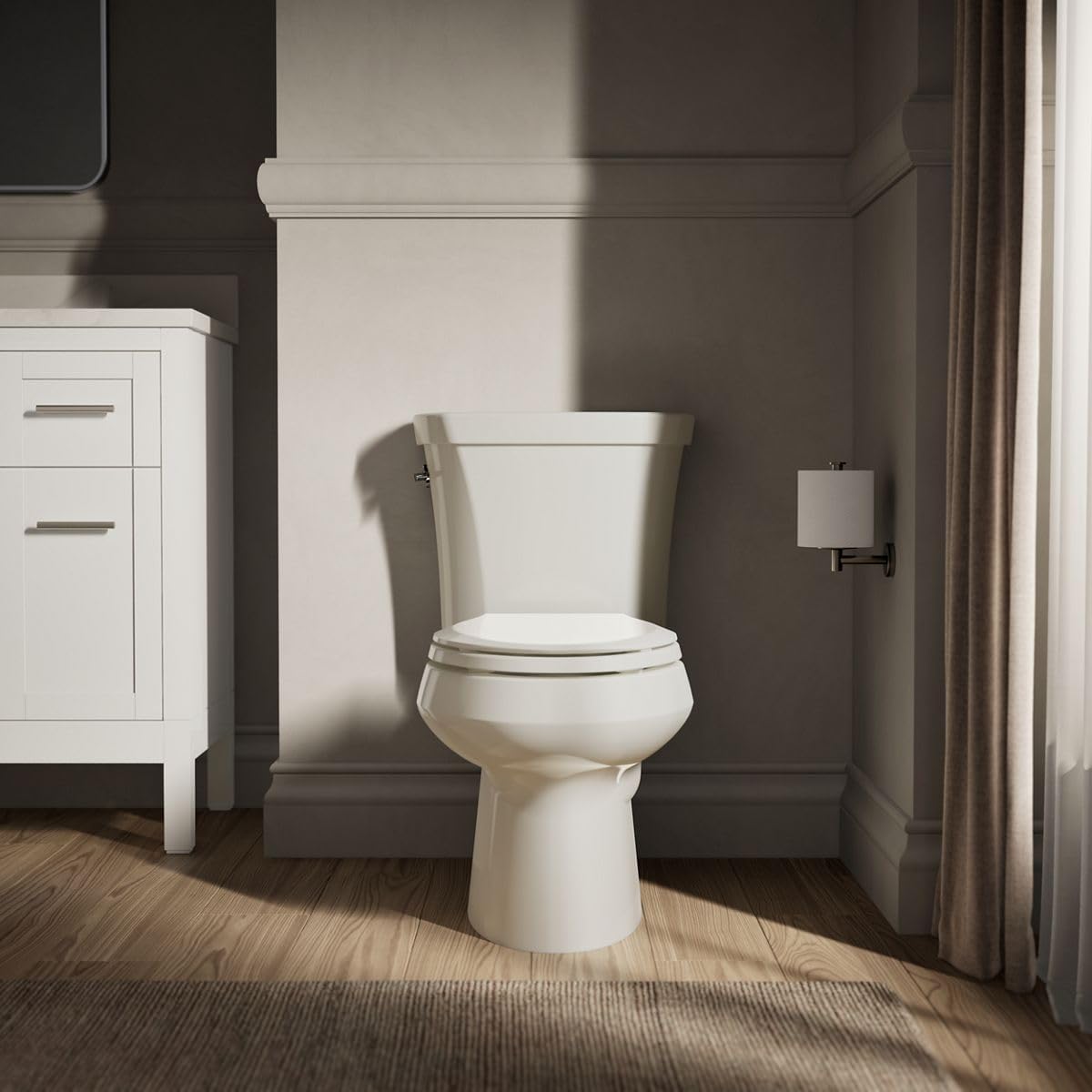 KOHLER K-3988-96 Wellworth Two-Piece Elongated Dual-Flush Toilet with Class Five Flush System and Left-Hand Trip Lever, Biscuit
