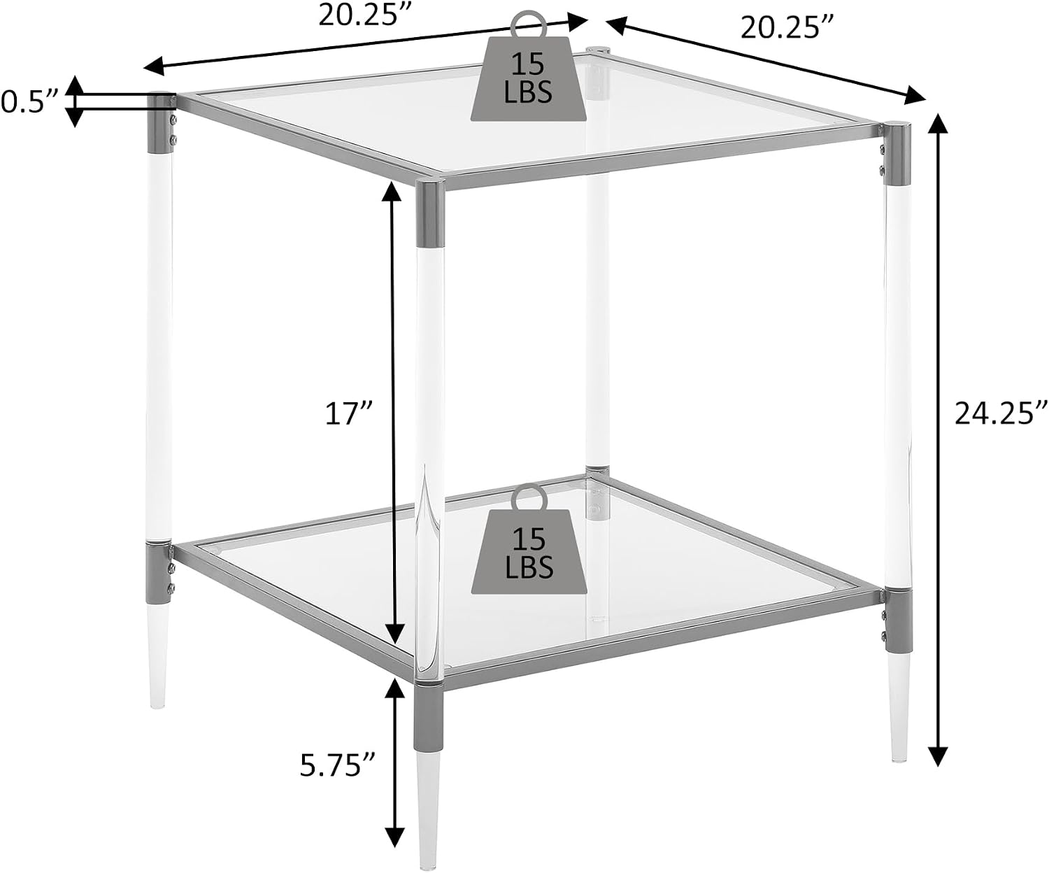 Convenience Concepts Royal Crest Acrylic Glass Square End Table 20.25' - Modern 2-Tier Tempered Glass Living Room Side Table with Storage Shelf, Gold Chrome Frame Table with Acrylic Legs, Glass, Gold