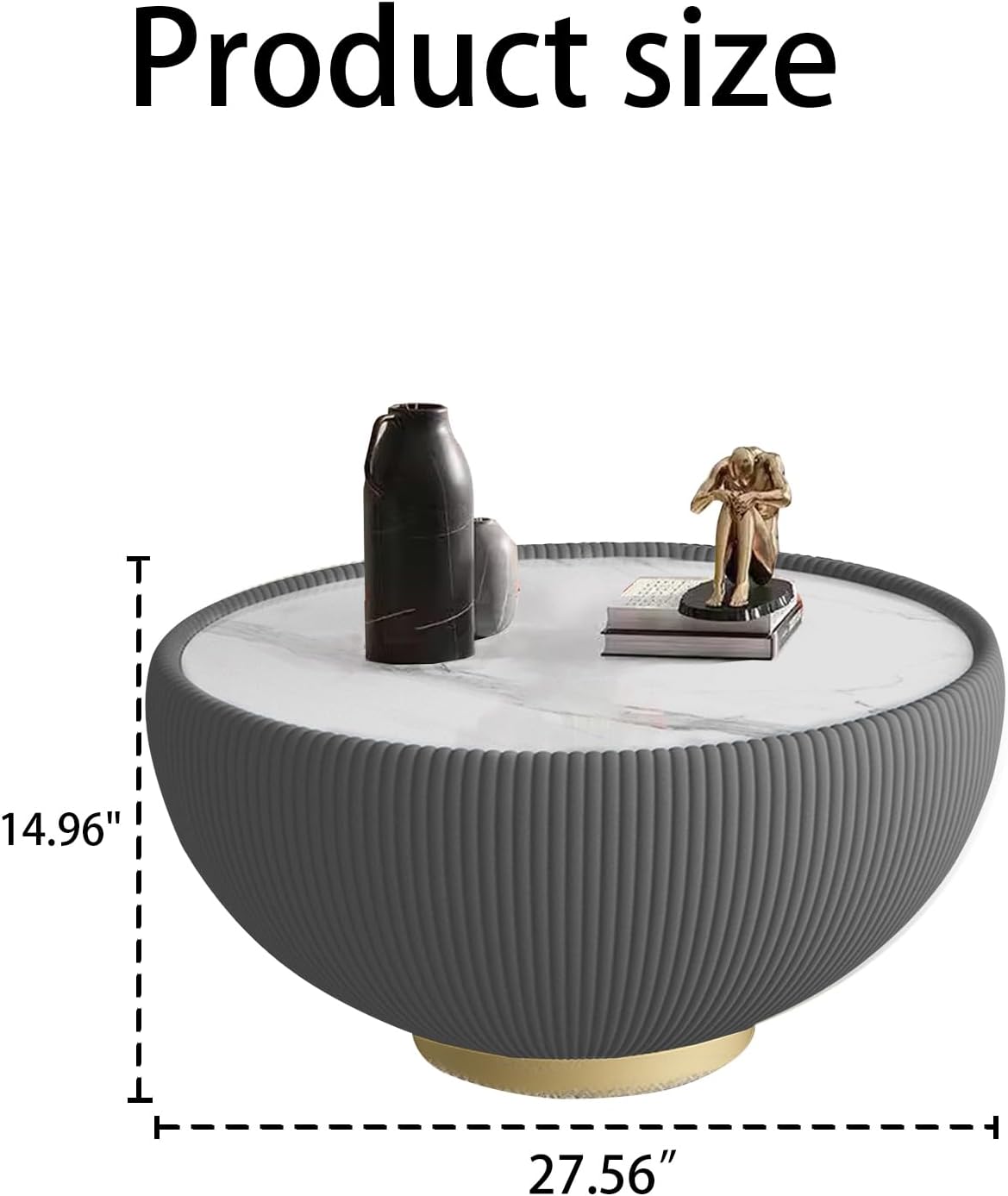 Modern Round Coffee Table Luxury Sintered Stone Top Coffee Table in Grey Leatherette Creative Bowl-Shape Cocktail Center Table for Living Room Bedroom,Fully Assembled