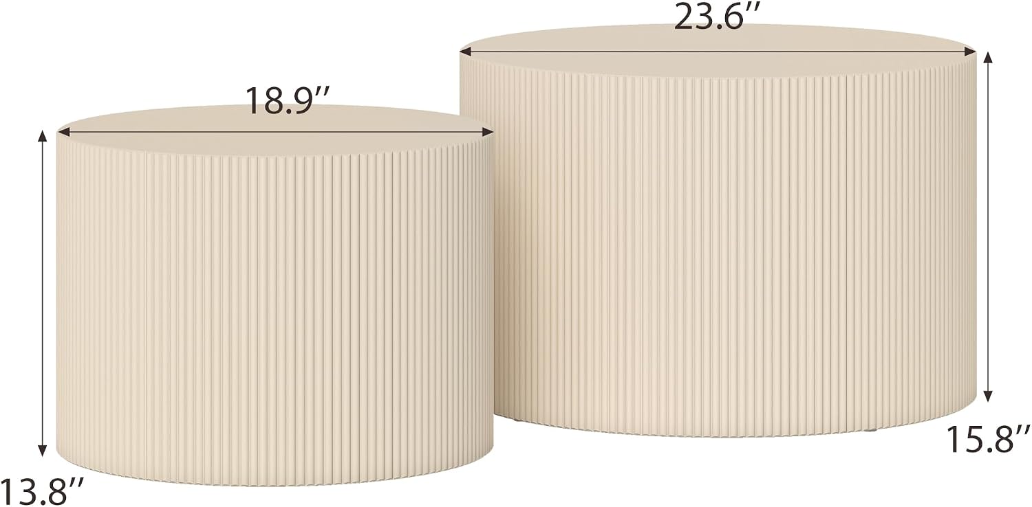 Otterease Round Coffee Table Set of 2, Modern Wooden Beige Nesting Tables for Living Room, No Assembly Required Circle Side Tables Set Accent End Table for Bedroom, Balcony