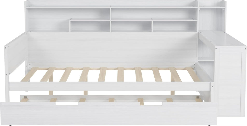 Wooden Full Size Corner Day Bed with Twin Trundle and Desk,L Shape Corner Daybed Frame with Storage Shelves and Wood Slat Support for Kids Teens Bedroom Guest Room,No Box Spring Needed,Antique White