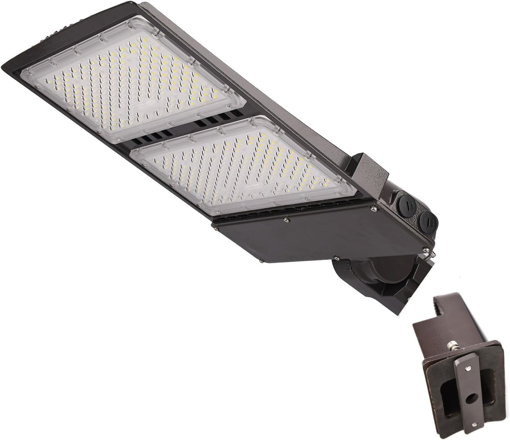 Power Switchable 200W 240W 300W LED Shoebox Light 3000K 4000K 5000K CCT Adjustable Outdoor Commercial Parking Lot Street Yard Area Lighting Fixtures 110-277V (DM Bracket for Square Pole)