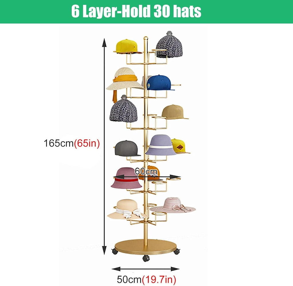 Hat Display Stand Floor Standing Gold Hat Racks Organisers with Wheels, Commercial Multi-Layer Hat Holder Stand for Cowboy/Baseball Caps, Large Capacity