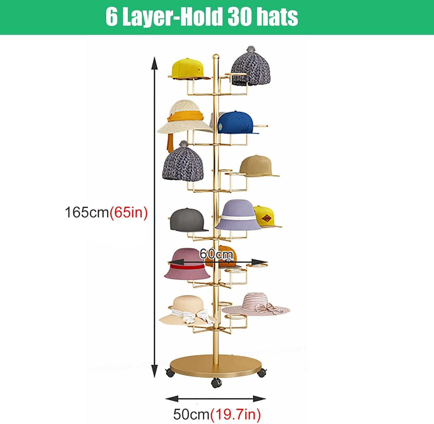 Hat Display Stand Floor Standing Gold Hat Racks Organisers with Wheels, Commercial Multi-Layer Hat Holder Stand for Cowboy/Baseball Caps, Large Capacity