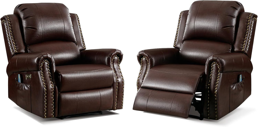 HAOMARKETS Classic Power Recliner Chair Set of 2 with Massage and Heat, Breathable Faux Leather Electric Recliner with USB Port, Overstuffed Reclining Sofa with Rivets for Living Room, Caramel Brown