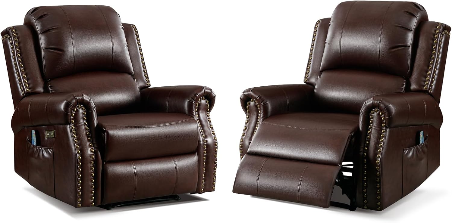 HAOMARKETS Classic Power Recliner Chair Set of 2 with Massage and Heat, Breathable Faux Leather Electric Recliner with USB Port, Overstuffed Reclining Sofa with Rivets for Living Room, Caramel Brown
