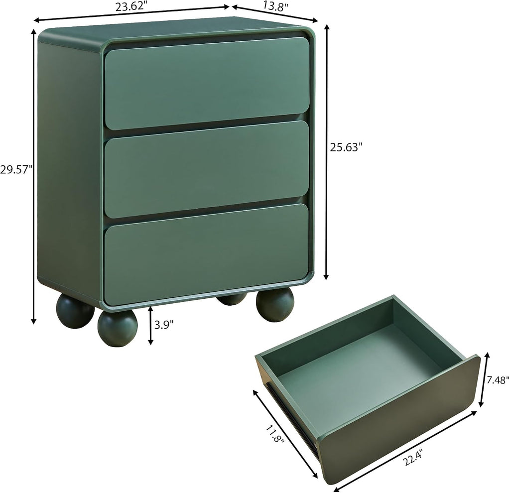 AVZEAR Wooden Night Stand wth 3 Drawer Dresser Mid Century Modern End Table Chest of Drawers, Solid Wood Legs & Curved Profile Design, Farmhouse Side Table for Living Room, Green
