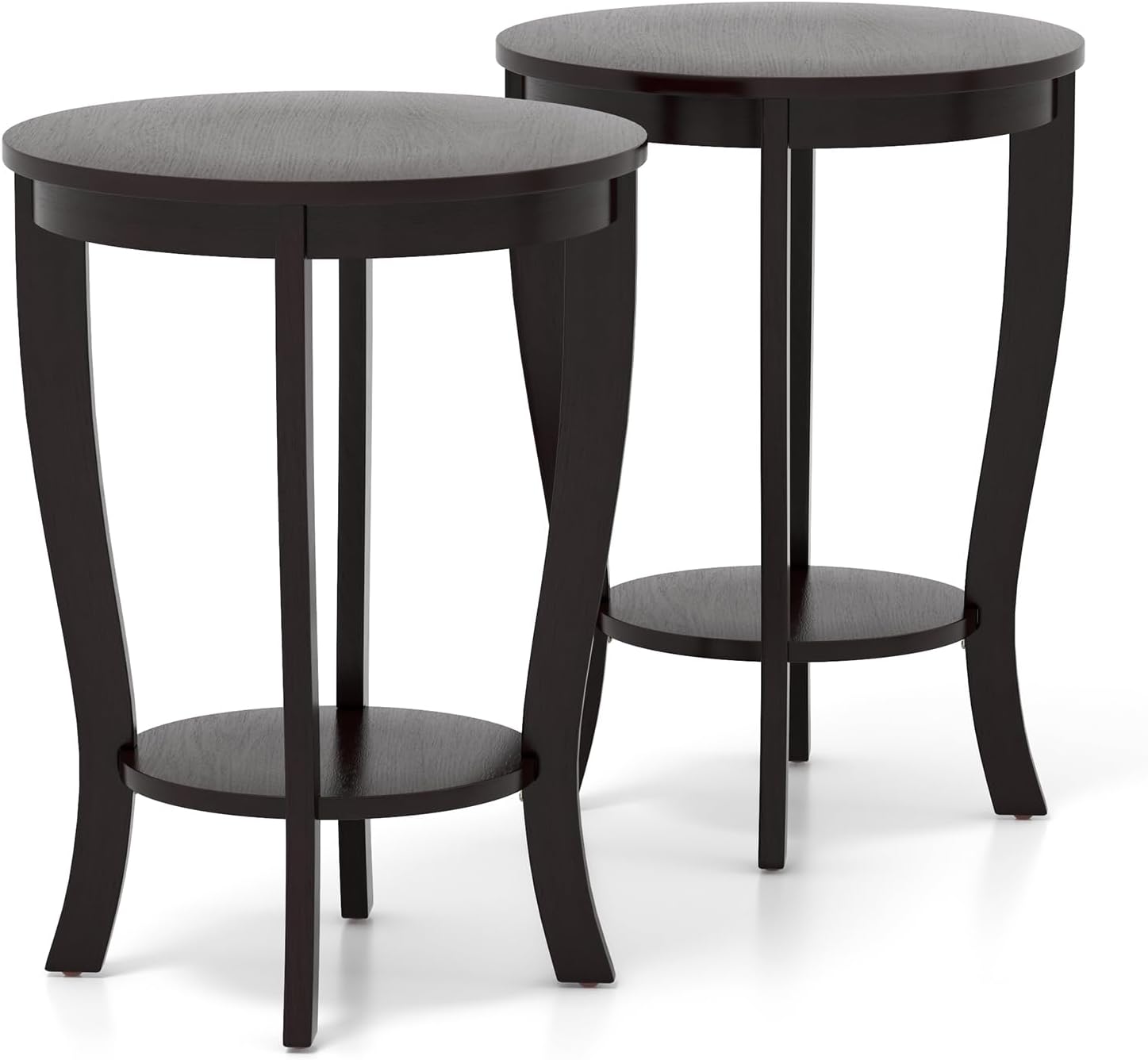 Giantex Round End Tables Set of 2, 2 Tier Side Table with Storage Shelf and Solid Wood Legs, 18' x 18' Accent Table for Corner Small Spaces, Compact Night Stand for Living Room Bedroom, Espresso