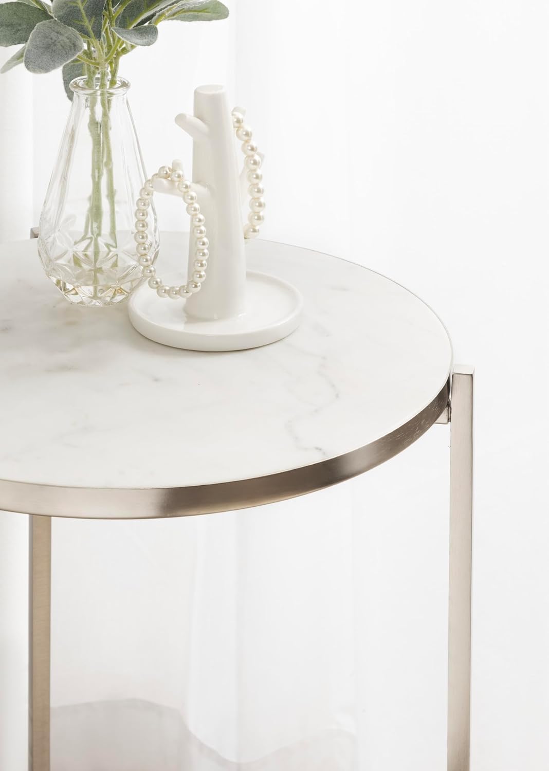 Kate and Laurel Aguilar Modern Round Side Table, 15 x 15 x 24, White and Silver, Genuine Marble Nightstand for Small Spaces and Living Room Decor