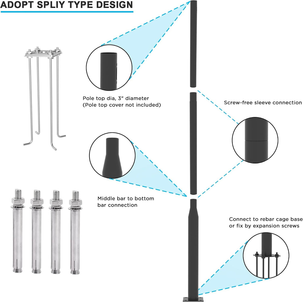 Round Steel Street Light Pole 10 FT Split Type Design Street Lamp Post with Mounting Rebar Cage Base for Street, Patio, Backyard, Park and Monitors