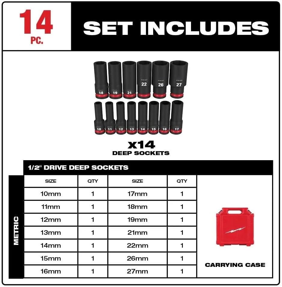 14PC 49-66-7014 for Milwaukee 1/2' Drive Metric Deep 6-Pt Socket Set