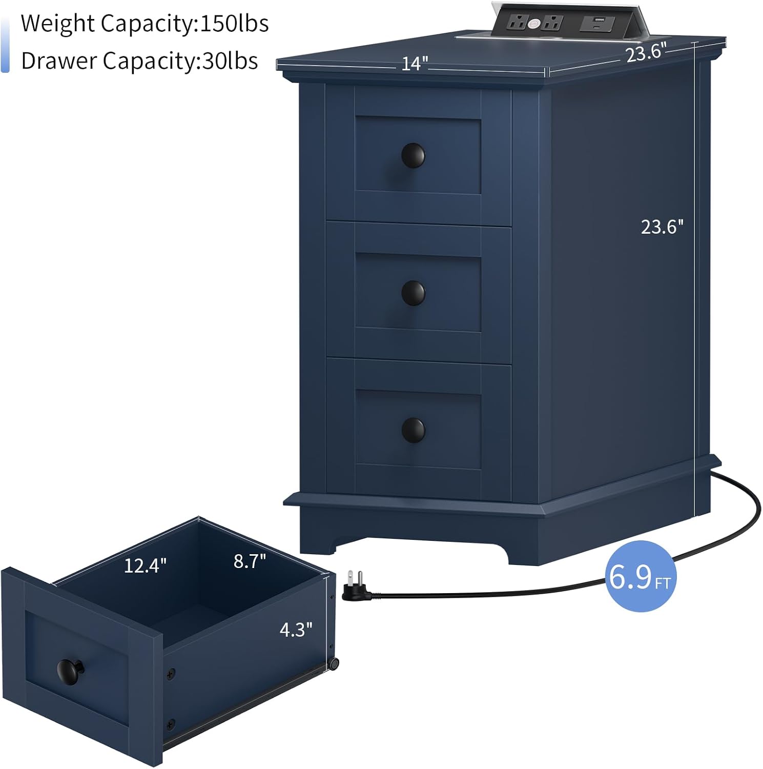 HIFYOBRO Narrow End Table Set of 2, 3 Drawers and Charging Station, Type-C & USB Port & Power outlets, Wooden End Table, Side Table with Storage for Living Room, Bedroom Nightstands
