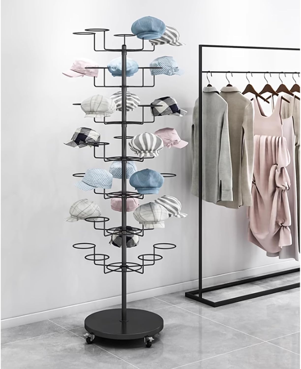 Helmet Stand Display Stand Hat Display Rack Rotating Floor-Standing Hat Stand Adjustable Hat Headwear Rack Baseball Cap Organizer with Wheels Metal Hat Storage Holders