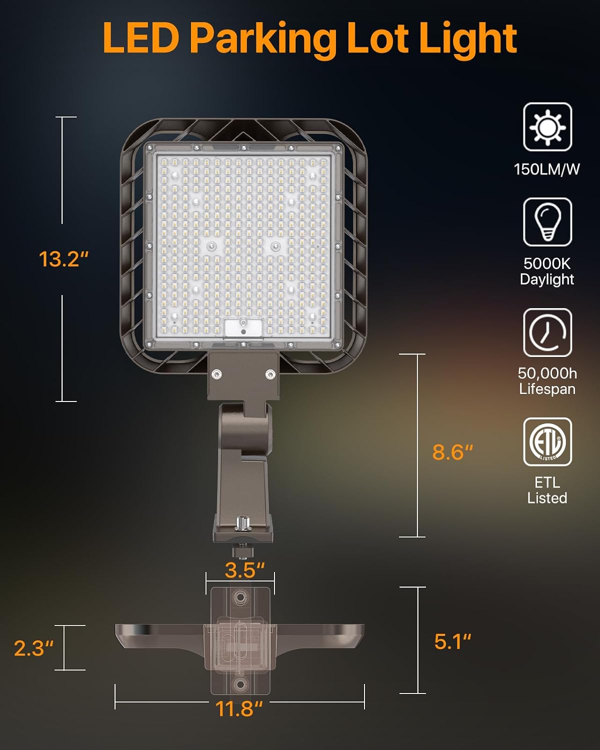 200W Led Parking Lot Light with Dusk Dawn Photocell 30000LM(150LM/W) Shoebox Lights Adjustable Arm Mount Outdoor IP65 Waterproof Quick Installation Commercial Street Pole Light ETL Listed