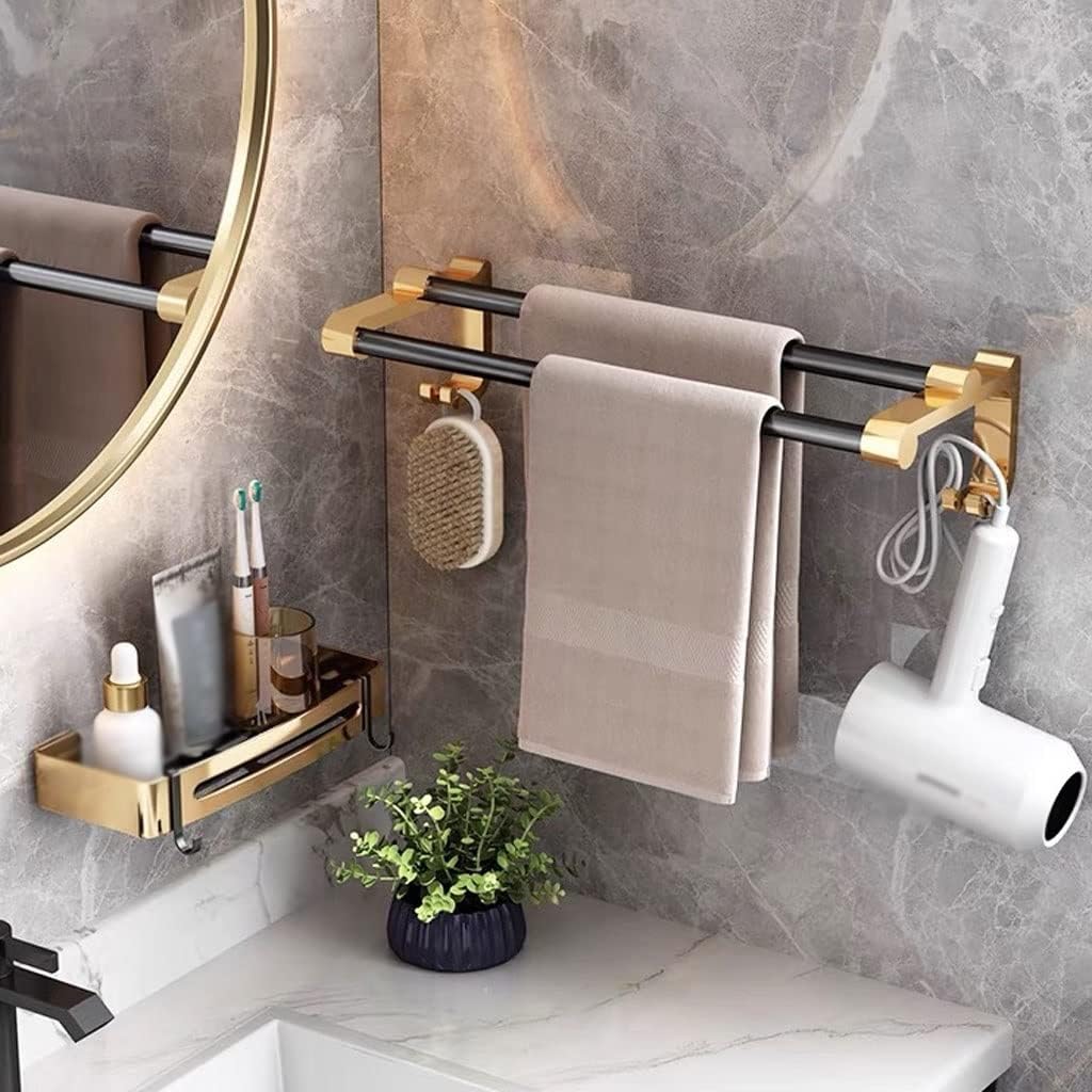 Towel Bar Towel Rack for Bathroom Double Towel Bar Black and Gold Aluminum Wall Mounted Towel Rack Shower Towel Holder Hanging Rack Bathroom Accessories Towel Shelf Towel